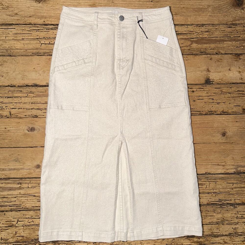 HABITUAL Metallic Coated Denim Maxi Skirt 2/26 Ivory NWT